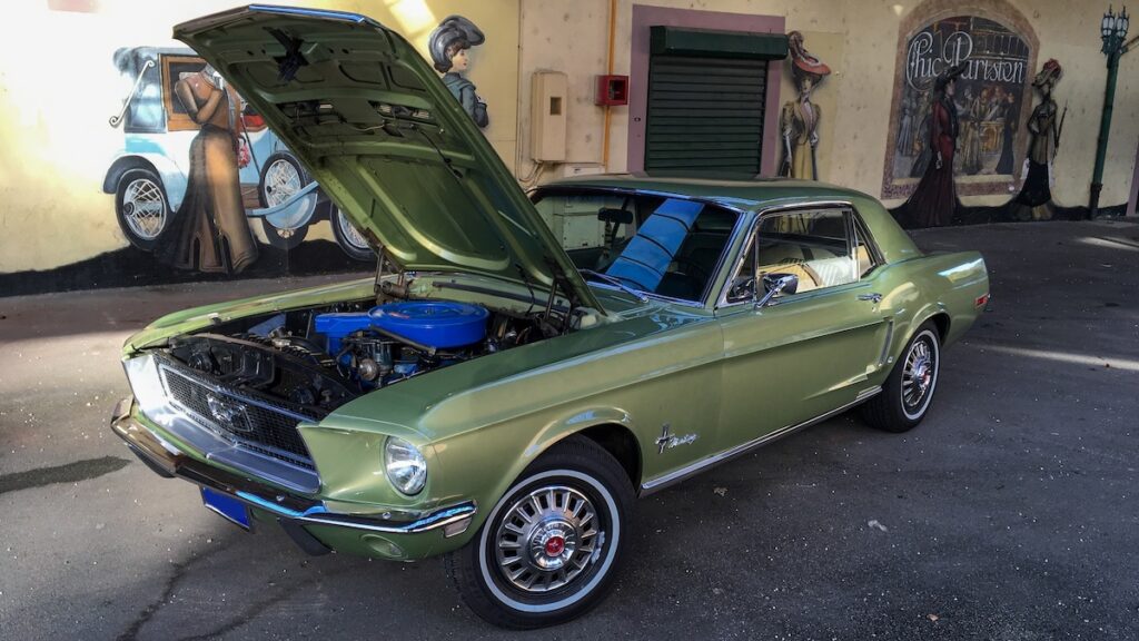 1968 Mustang Survivor with hood open, three-quarter front view
