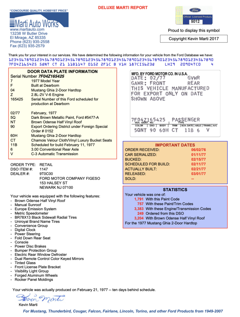 Marti Report detailing the factory history of a 1977 Mustang II survivor