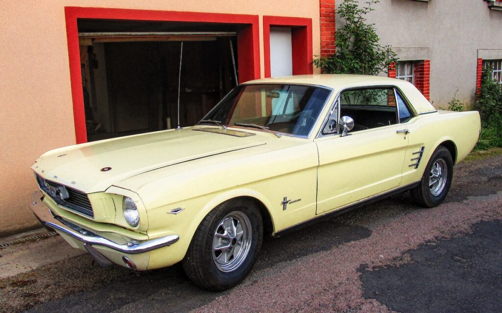 Chloe’s 1966 Mustang in its original Springtime Yellow color shortly after arriving in France.