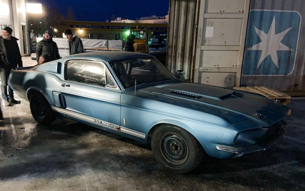 Three-quarter front view of David’s 1967 Shelby GT500 arriving in Sweden in January 2020