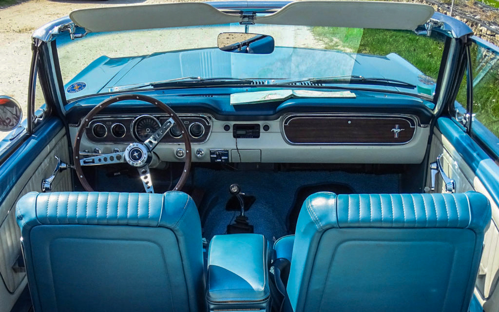 Interior of a 1965 Mustang Convertible before its transatlantic journey
