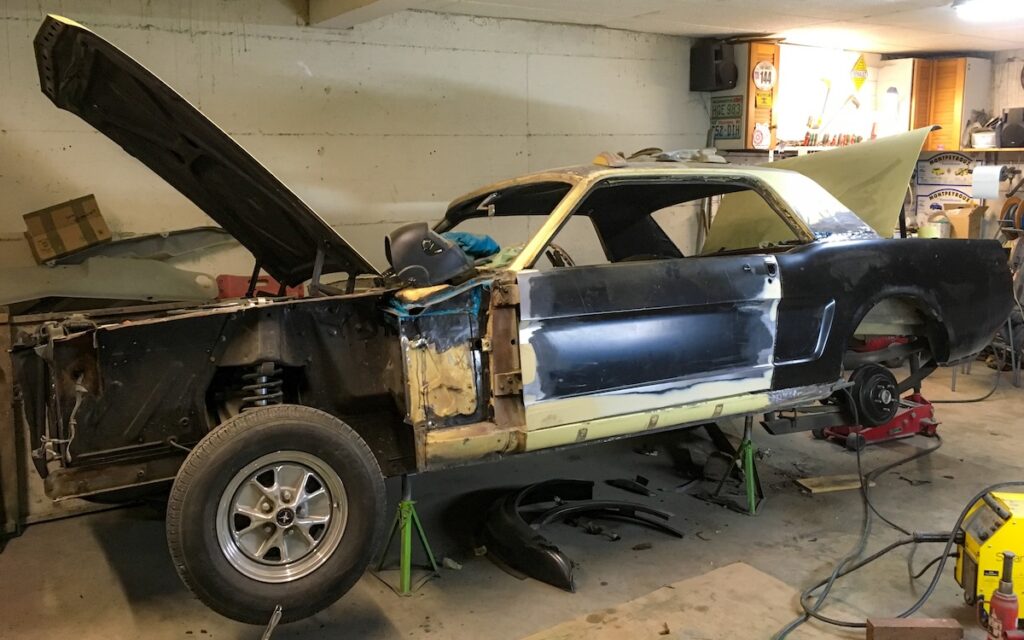 Chloe’s 1966 Mustang fully disassembled during body restoration.
