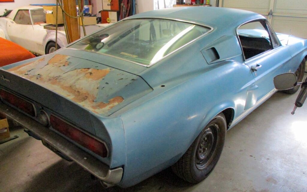Rear view of David’s 1967 Shelby GT500 inside his garage, showing the distinctive Shelby taillights