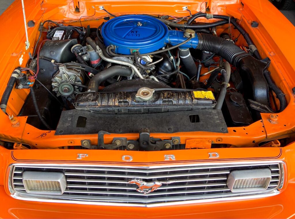 Original V6 engine of Robert’s Mustang II Classic II in well-preserved condition.