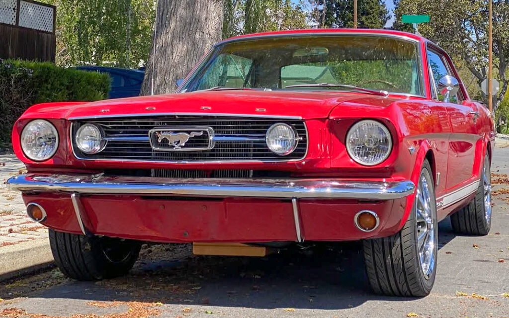 Front view of Francesca’s 1966 Ford Mustang coupe
