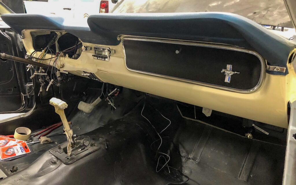 1965 Mustang dashboard repainted to match Pony interior during restoration