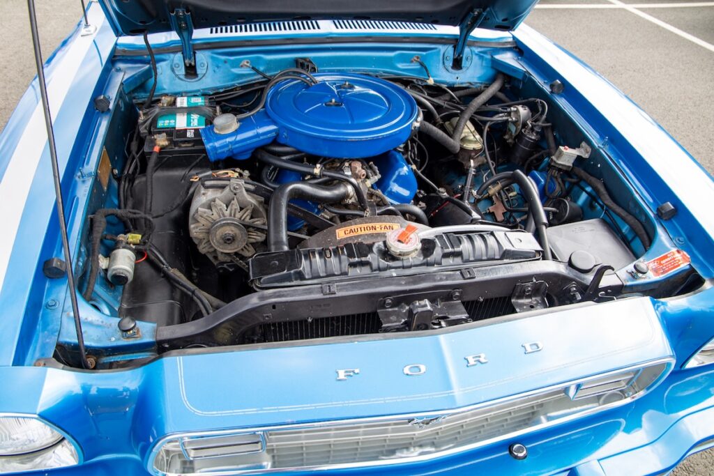 Engine bay of Antonin’s 1974 Mustang II Ghia in original condition
