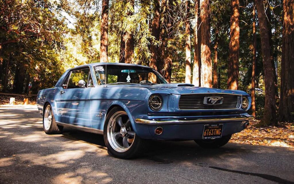 Angel Eyes headlights off, deep in the California forest. A subtle modern touch on a classic 1966 Mustang.