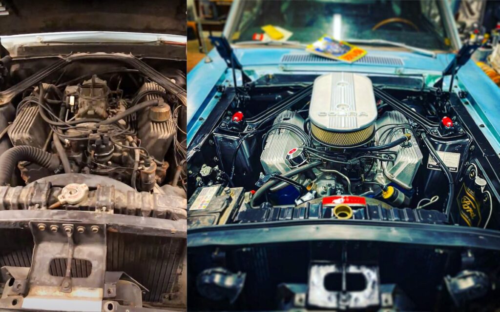 Before and after comparison of the engine restoration on David’s 1967 Shelby GT500