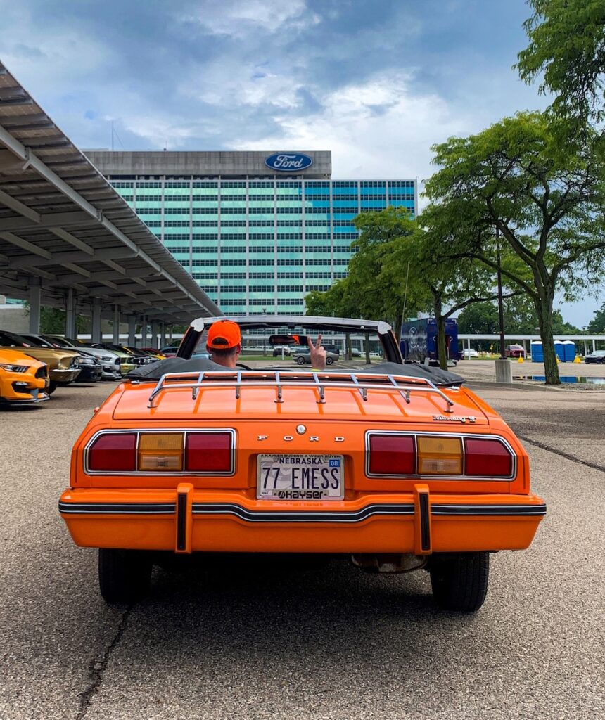 Robert driving his Mustang II Classic II in front of Ford headquarters in Dearborn, Michigan.