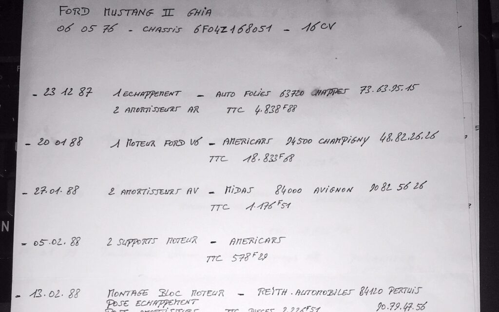 Handwritten maintenance logbook detailing repairs and upgrades on a 1976 Mustang II Ghia.