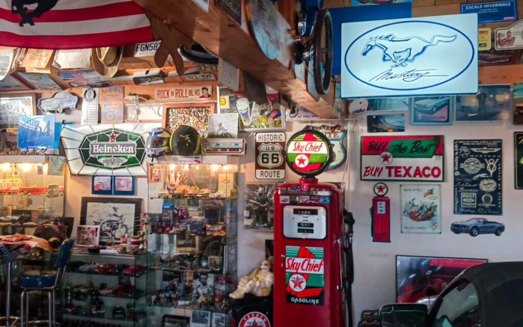 Garage of a long-term 1968 Mustang owner filled with American car memorabilia