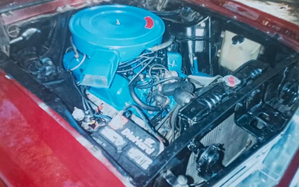 Rebuilt V8 engine of a 1968 Ford Mustang restored to factory specifications