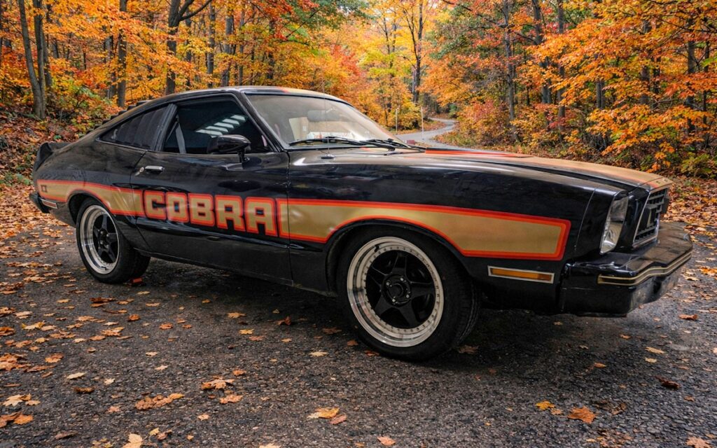 Mustang II Cobra II parked in an autumn forest setting