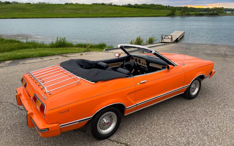 Interior of Robert’s Mustang II Classic II convertible with the top down, showing a late-1970s atmosphere.
