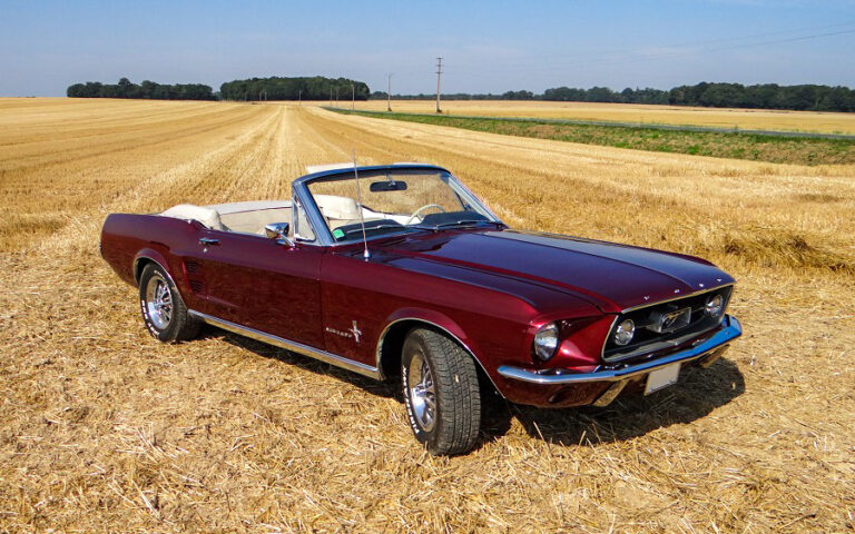 1967 Mustang Convertible Vintage Burgundy parked in a wheat field, highlighting the changing reflections of its classic burgundy paint