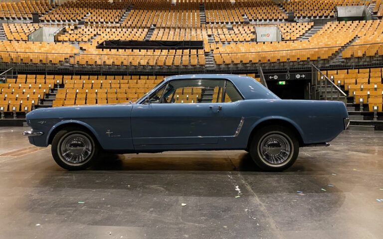 1965 Mustang Coupe Silver Blue parked at Zénith Park in Lille, owned by Stefan