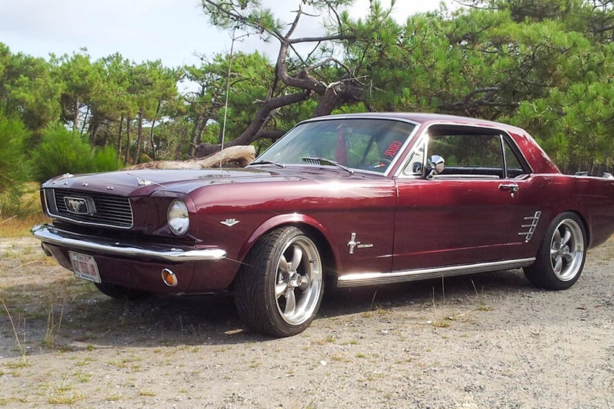 1966 Mustang Vintage Burgundy coupe near Arcachon, classic Ford Mustang by the sea in France
