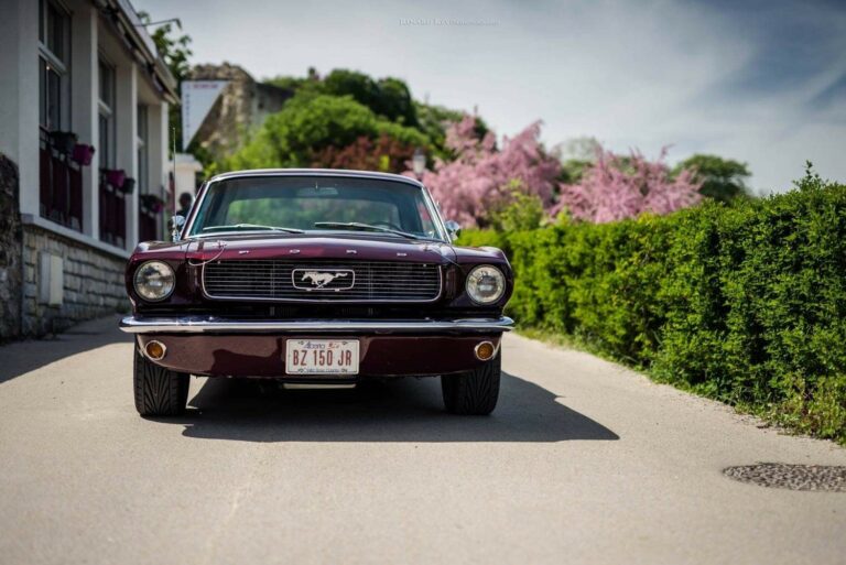 Kelly, Sébastien’s 1966 Mustang Coupe Restoration in Vintage Burgundy, ready for the road.