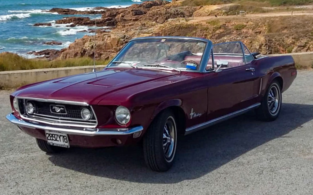 1968 Ford Mustang convertible owned for over 30 years, driving on western France coastal roads