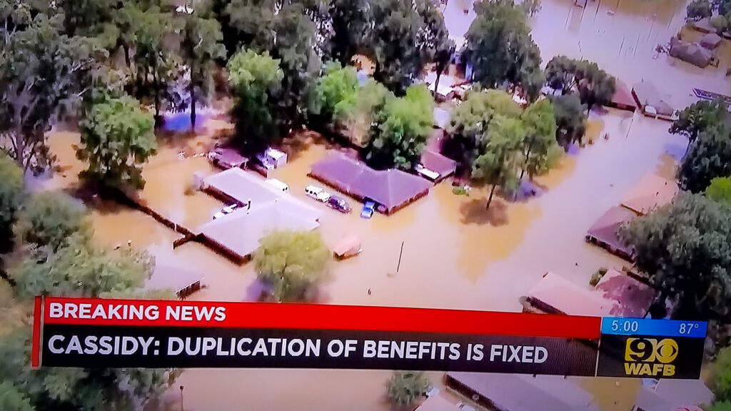 A television news broadcast shows the extent of the historic flooding that struck John's neighborhood in Baton Rouge during the summer of 2016. Photo credit: Johnny Kovalick