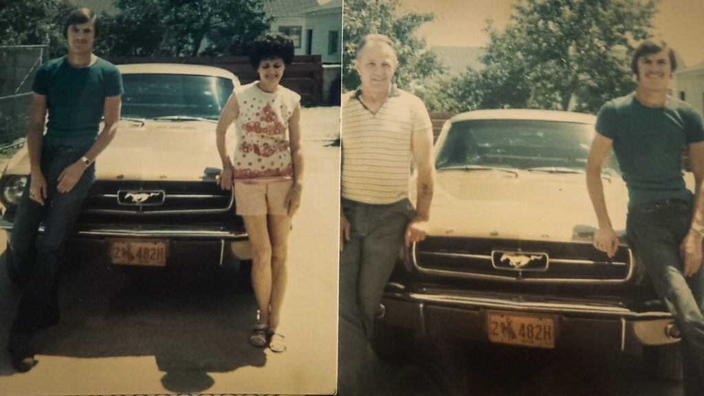In the summer of 1973, John poses with his Mustang and the woman who would later become his wife (left), and with his father (right). Photo credit: Johnny Kovalick