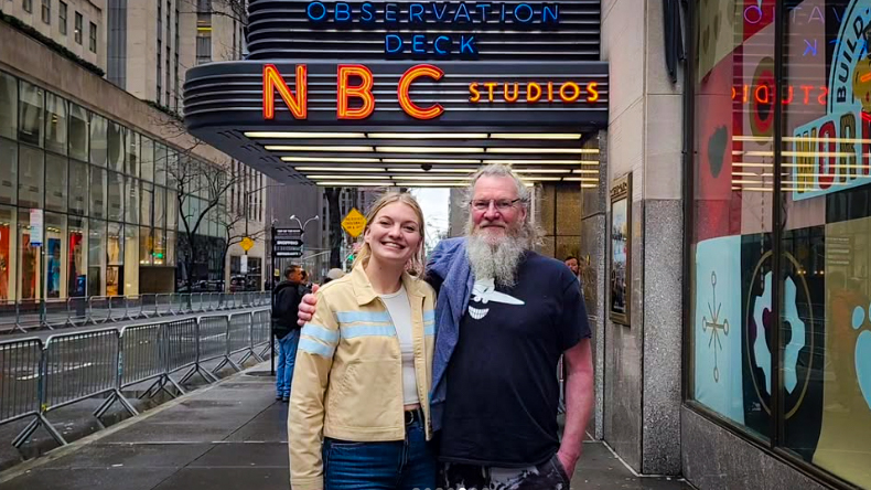 Brittley and her father in New York during the trip arranged by Ford after she won Project Britney.