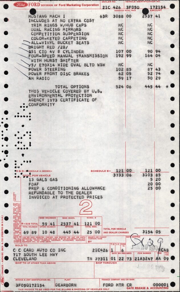 Original sales invoice for Heather's 1973 Ford Mustang Mach 1
