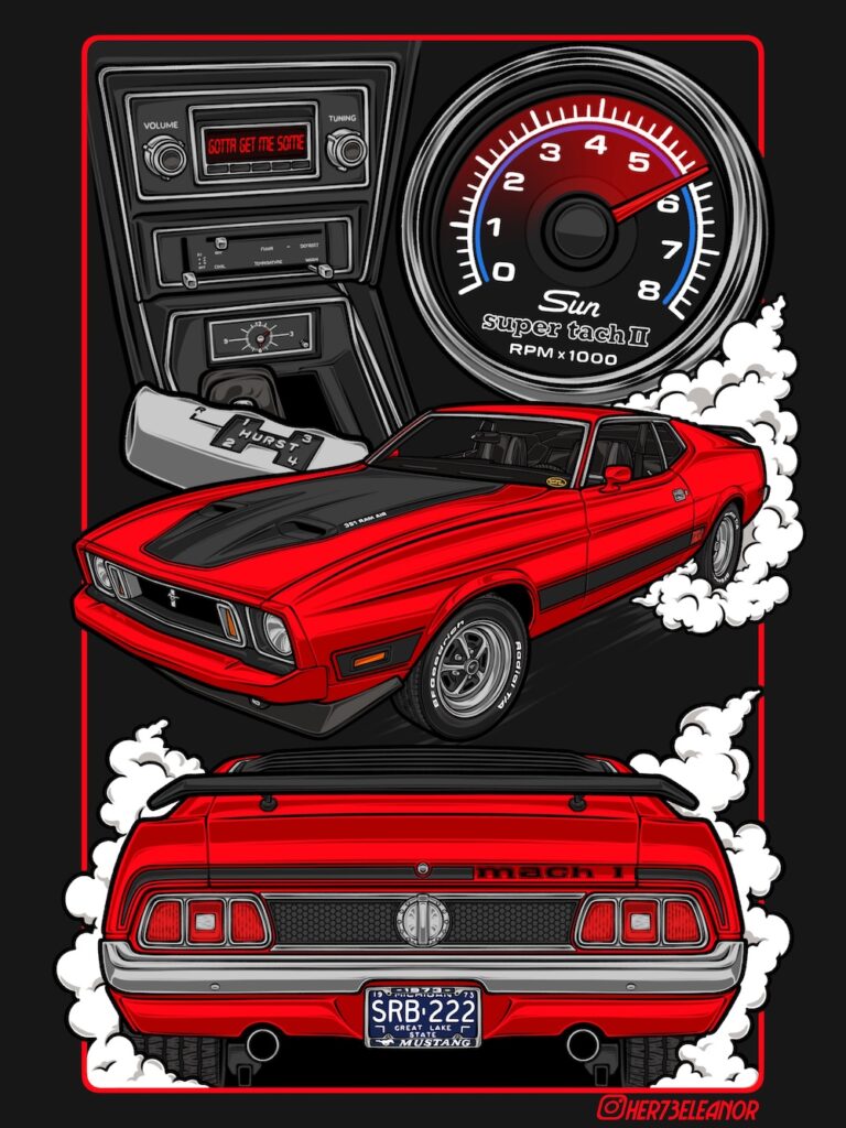 Digital illustration of Heather's 1973 Mustang Mach 1 by Stanced Sketches