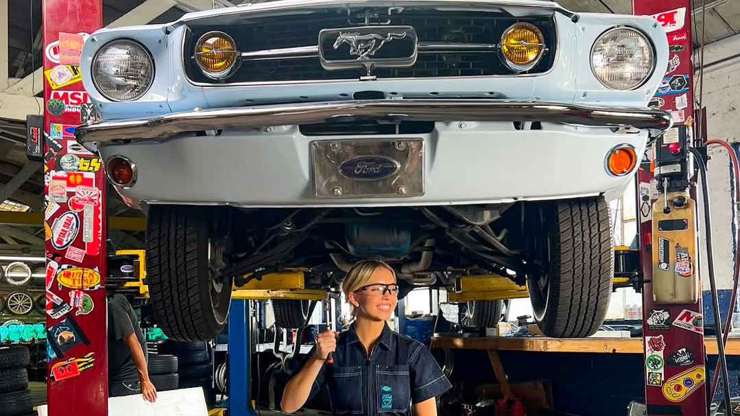 Sydney Sweeney and her 1965 Ford Mustang “Britney,” the classic Mustang that inspired Ford’s Project Britney.